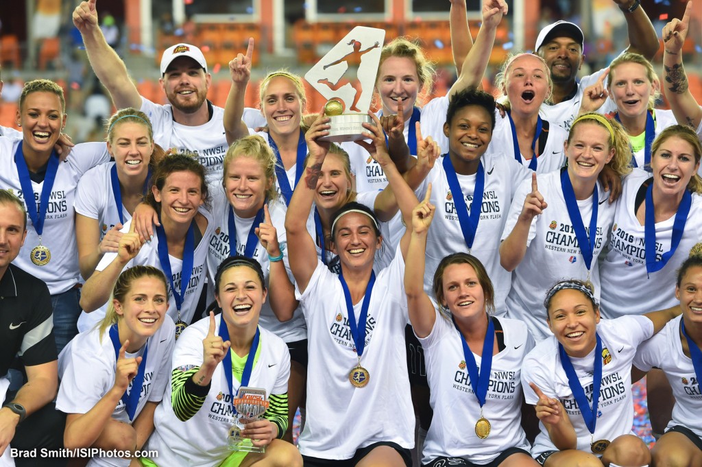 Houston, TX - Sunday Oct. 09, 2016: Western New York Flash celebrate after a National Women’s Soccer League (NWSL) Championship match between the Washington Spirit and the Western New York Flash at BBVA Compass Stadium. The Western New York Flash win 3-2 on penalty kicks after playing to a 2-2 tie.